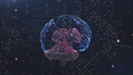 animazione di cervello digitale su scheda di circuito di computer su sfondo nero