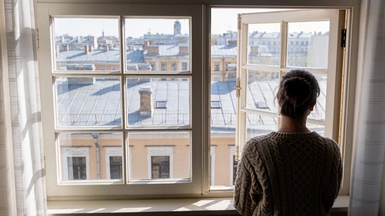 Sunlight drawing woman in knit sweater at paned window, turning head, reaching curtain, copy space