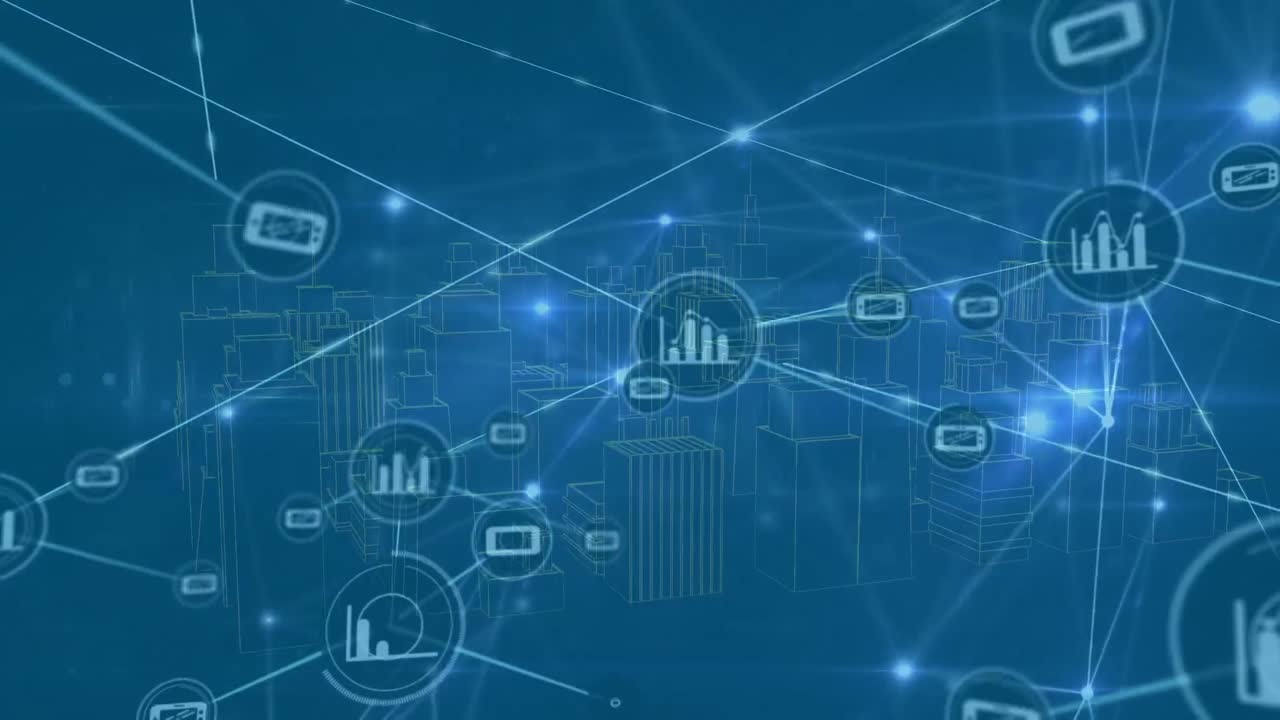 Animation of network of digital icons over 3d cityscape model spinning against blue background