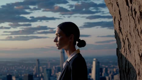 business woman in nyc skyline at sunset