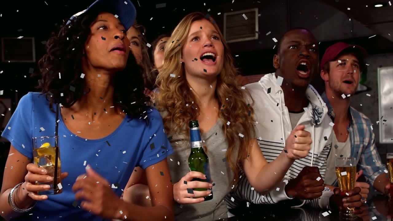 Animation of confetti falling over diverse people at bar
