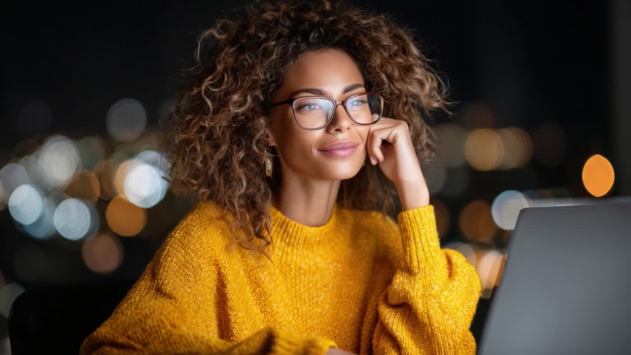 Engaging Moment: A Young Woman with Curly Hair and Glasses in Cozy Sweater Contemplates at Her Laptop, Merging Thoughtfulness with Warm City Night Background