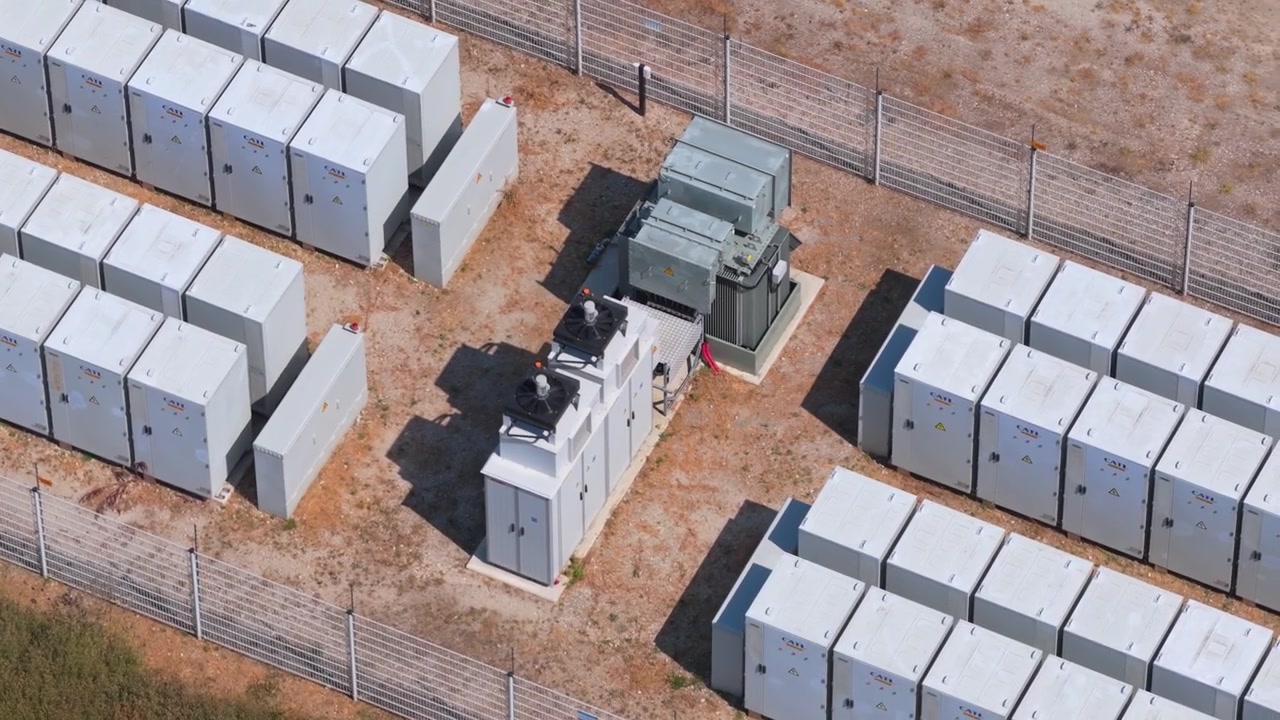 Vista aérea de instalación industrial de sistema de almacenamiento de energía en baterías