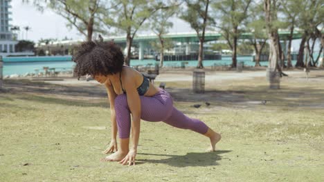 Sportliche-Frau-Trainiert-Yoga-Im-Park