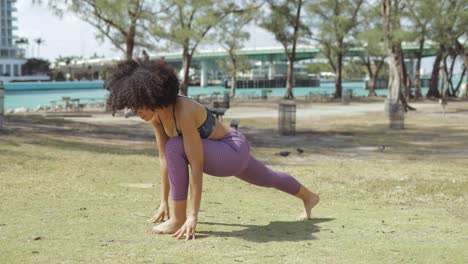 sporty woman training yoga in park