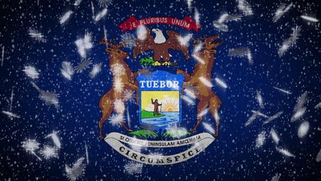 bandera de michigan caída de nieve, año nuevo y fondo de navidad, bucle