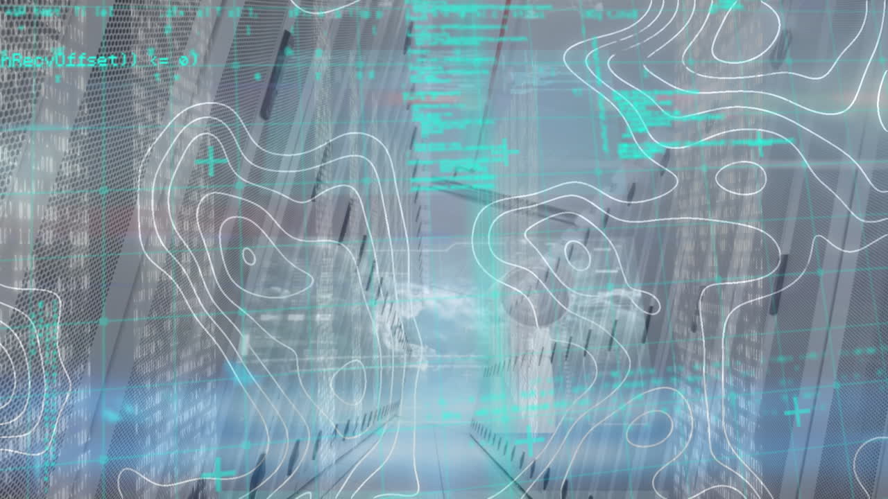animación de pantallas con procesamiento de datos y topografía contra la sala de servidores de computadoras