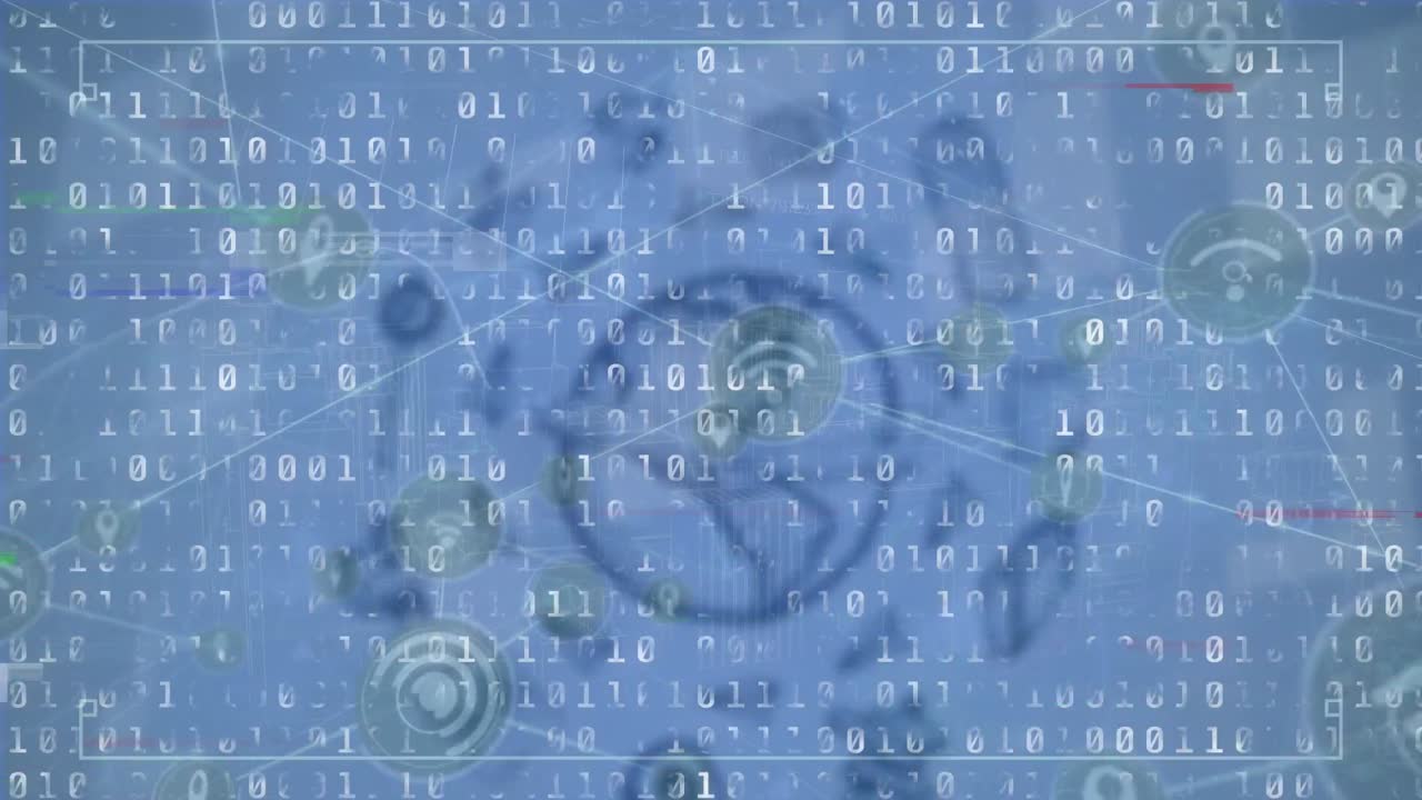 animación de conexiones, globo y código binario sobre fondo azul