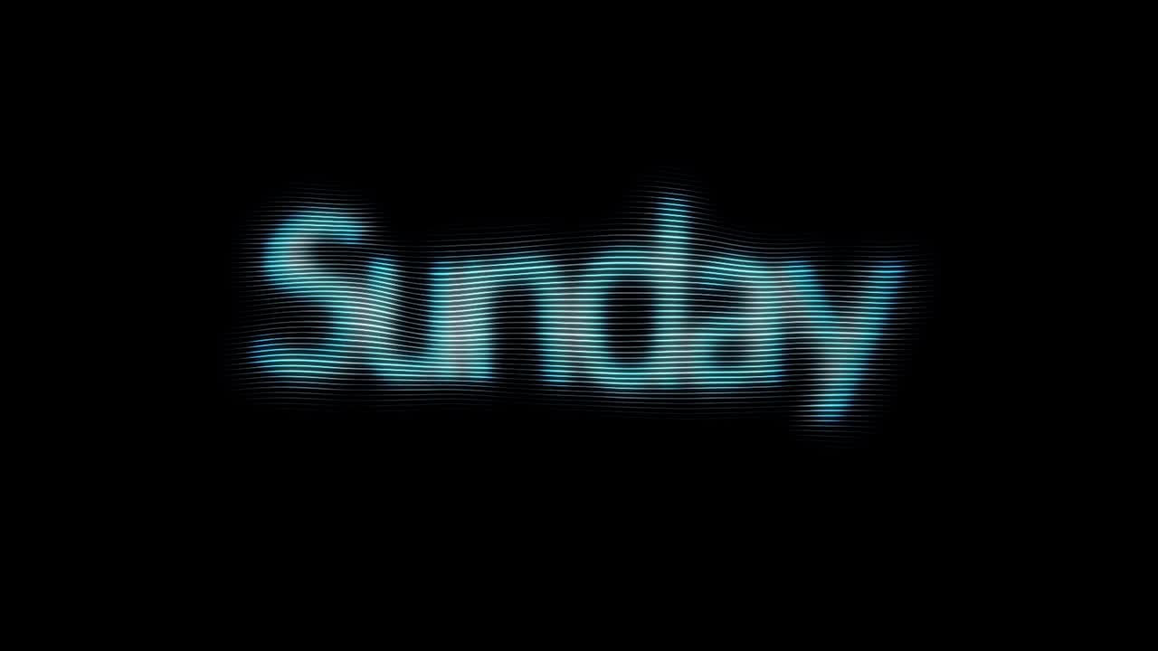 The "Sunday" green text shining on black background, weekend concept, seamless loop. Animation. A day of week Sunday on the old TV screen with horizontal blurred lines