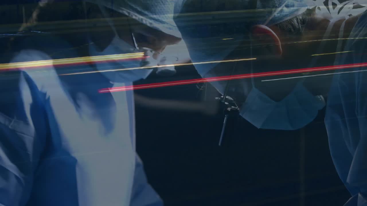 equipo de cirujanos con binoculares realizando cirugías en el hospital contra el tráfico de la ciudad