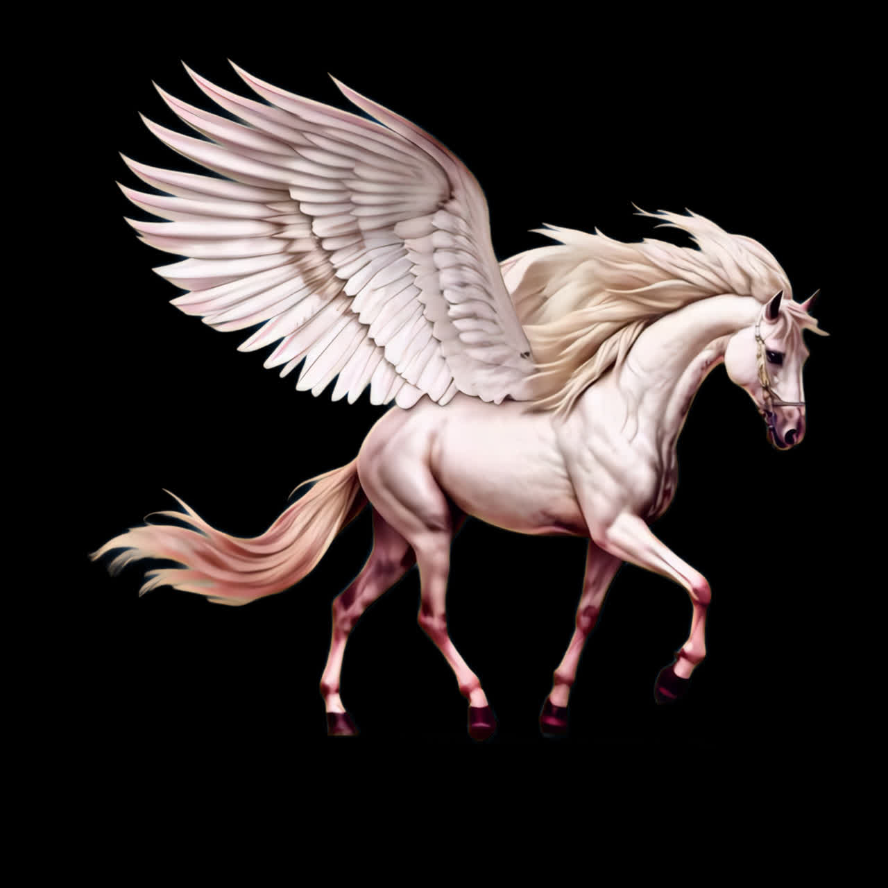 White pegasus trotting animation isolated asset, transparent 4K video, alpha channel, ProRes 4444