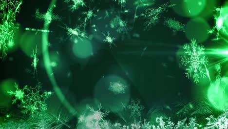 Animation-of-snow-falling-over-light-spots-on-green-background