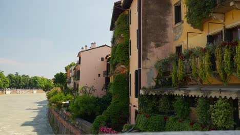 verona, italia - casas vibrantes decoradas con plantas verdes, alineadas con las orillas del río adige - toma media