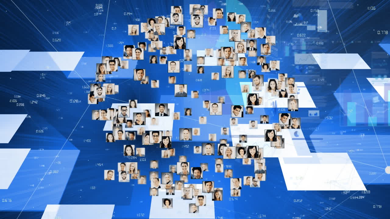 Globe of profile icons against data processing over square shape design on blue background