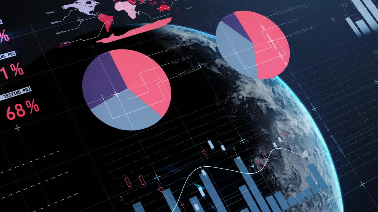 Animation of multicolored infographic interface and globe against space in background