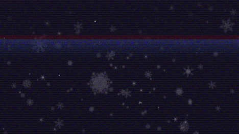 animación del efecto estático de glitch sobre iconos de copos de nieve que caen contra un fondo negro.