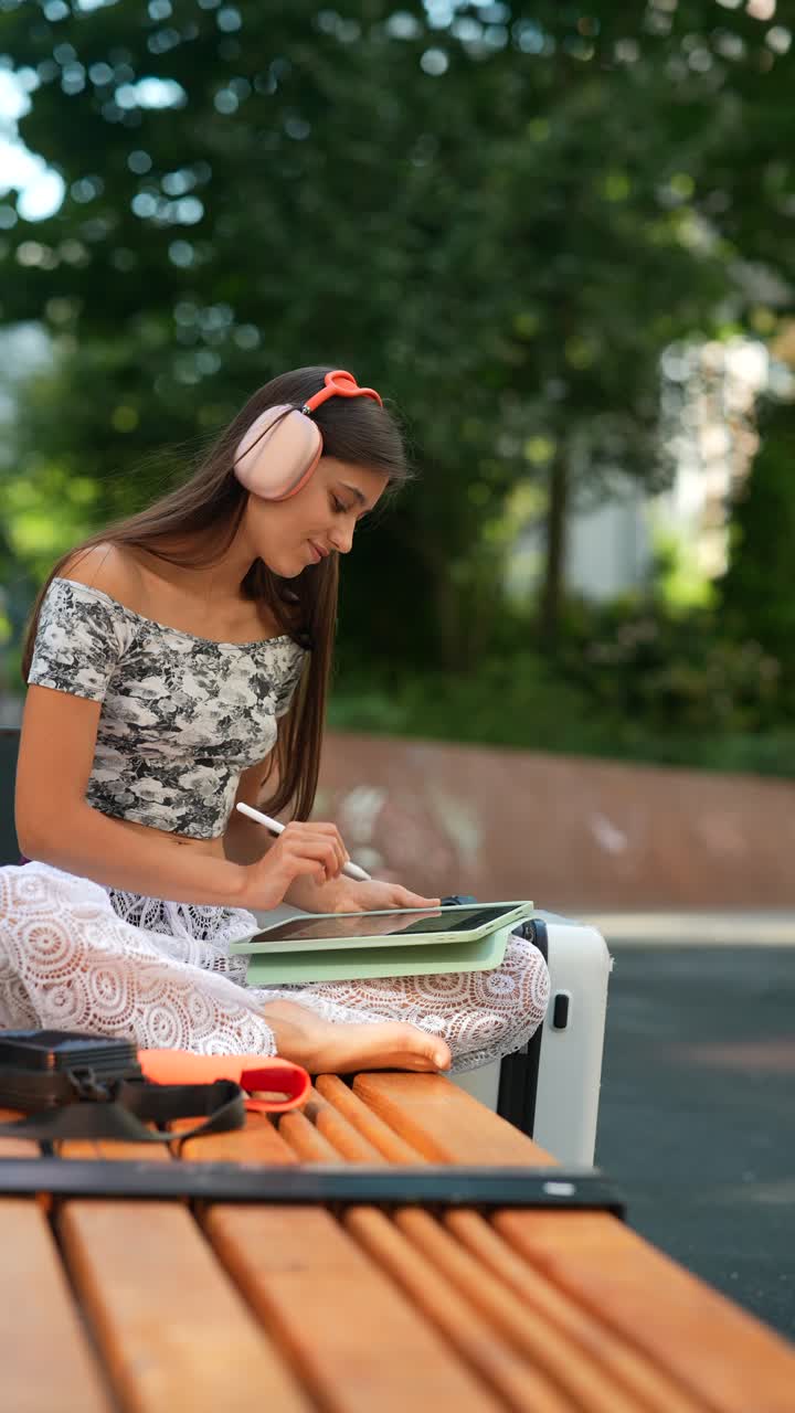 mujer joven trabajando en la tableta al aire libre
