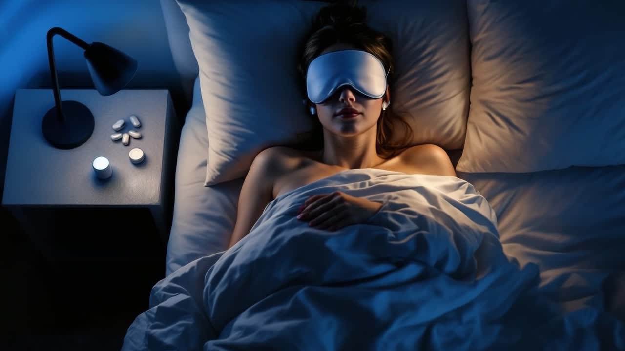 Top view of a woman sleeping comfortably in her bed at night, wearing a sleep mask and earphones, with sleeping pills and a smart speaker on the nightstand