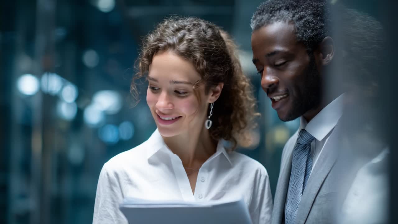 A Moment of Collaboration and Teamwork Between Two Professionals in a Modern Office Setting, Showcasing Their Engagement and Shared Ideas Through Documents in Hand, Illuminated by Contemporary Architecture
