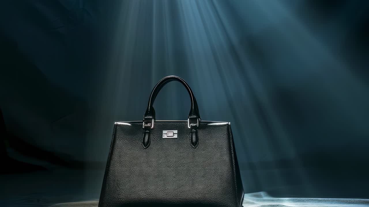 Luxurious black leather handbag gleaming under dramatic spotlighting, revealing sophisticated design with high end glamour and visual elegance