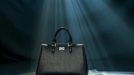 luxurious black leather handbag gleaming under dramatic spotlighting, revealing sophisticated design with high end glamour and visual elegance