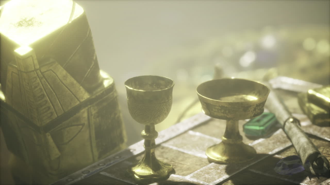 Tesori e reliquie esposti tra monete splendenti e gioielli.