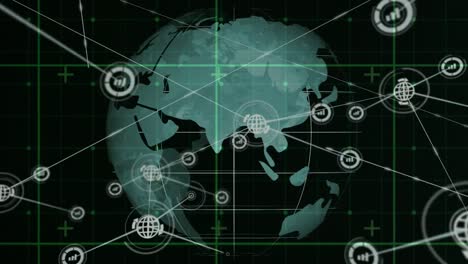 Animation-Des-Netzwerks-Von-Verbindungen-Mit-Symbolen-über-Dem-Globus-Auf-Schwarzem-Hintergrund