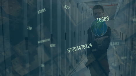 animation of data processing over caucasian businessman and server room