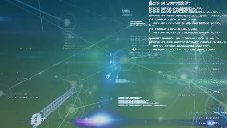 animación de la red de conexiones y procesamiento de datos sobre fondo verde