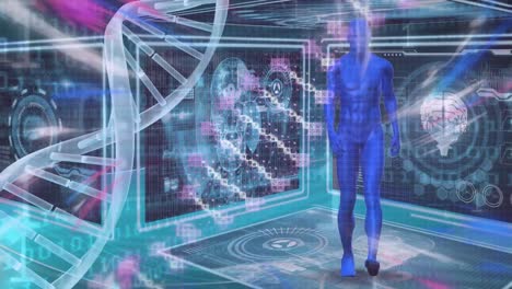 Animation-Der-Datenverarbeitung-Und-Digitaler-Bildschirme-über-DNA-Strang