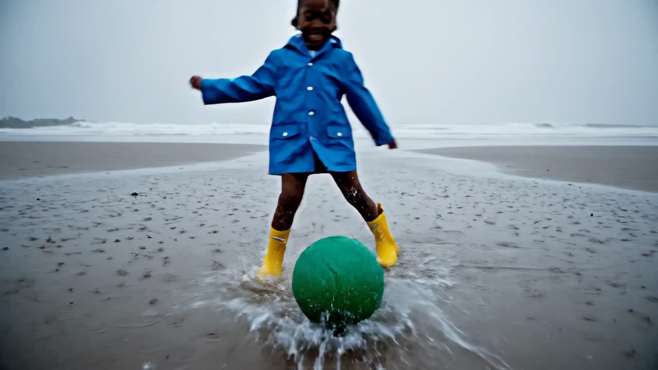 Child Playing with Ball on Beach in Raincoat