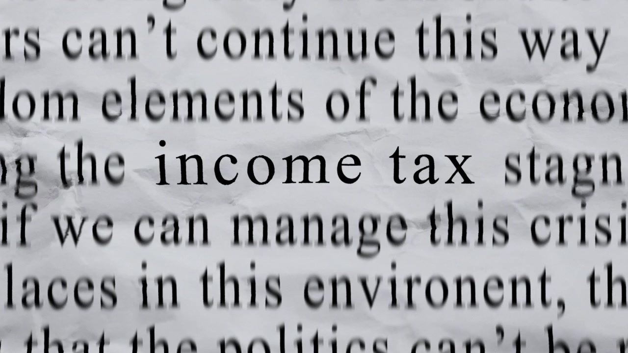 INCOME TAX Text in Centre with High-energy Fast Text Stop-Motion Writing Cycling Rapidly on Crinkled Texture Paper. Newspaper Cuttings Style animation.