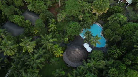 luxury resort with a small swimming pool at mahe island surrounded with trees, seychelles