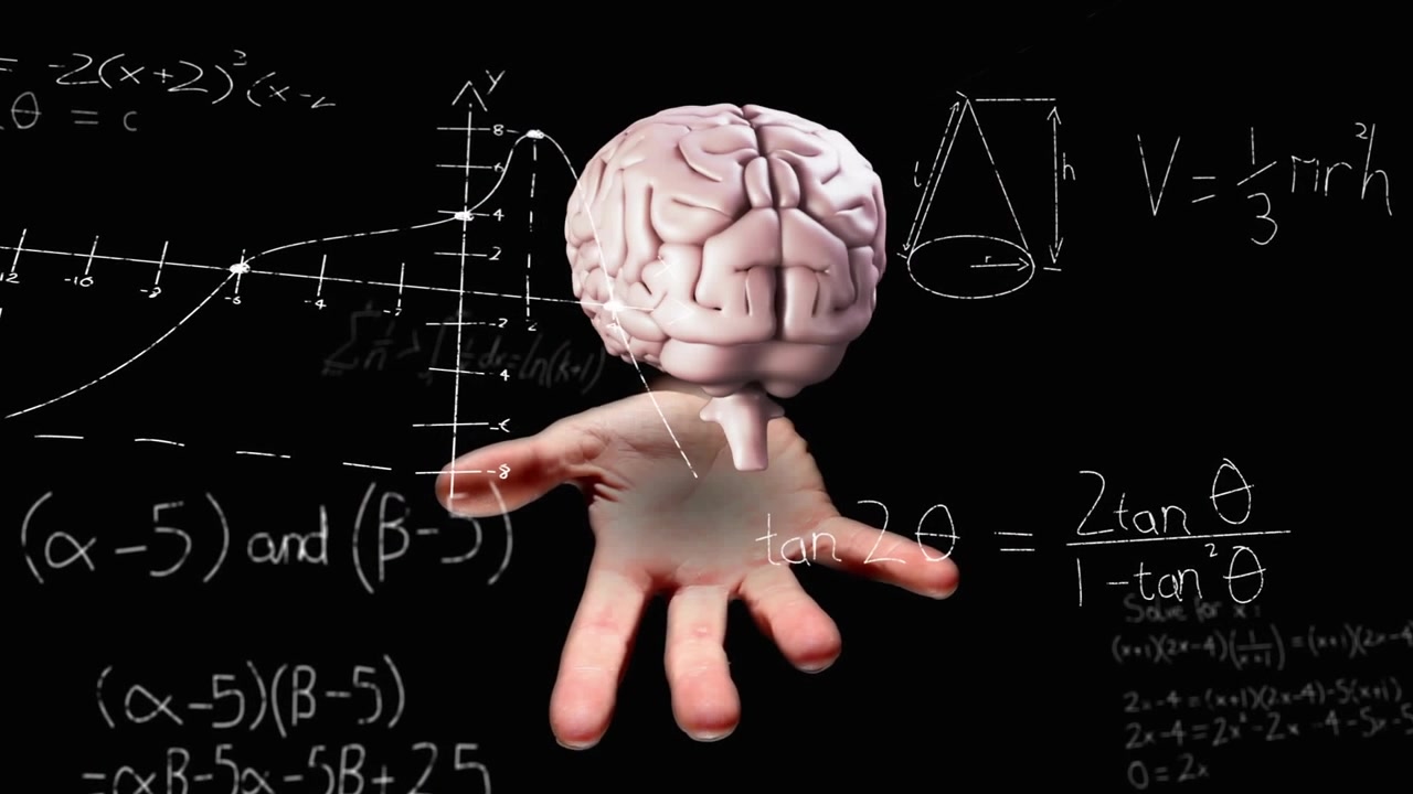 Mano aperta che tiene un cervello fluttuante mentre appare gradualmente, ruota e disegna formule matematiche per l'istruzione.