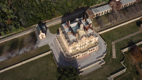 aerial view of an abandoned palace and gardens