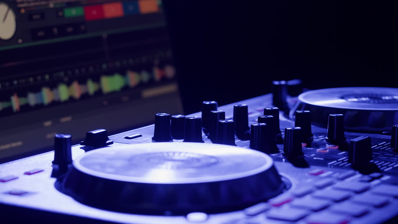 DJ with headphones and sunglasses playing music on festival in night club. Techno musician performing at nightclub for concert crowd of people, city bar.