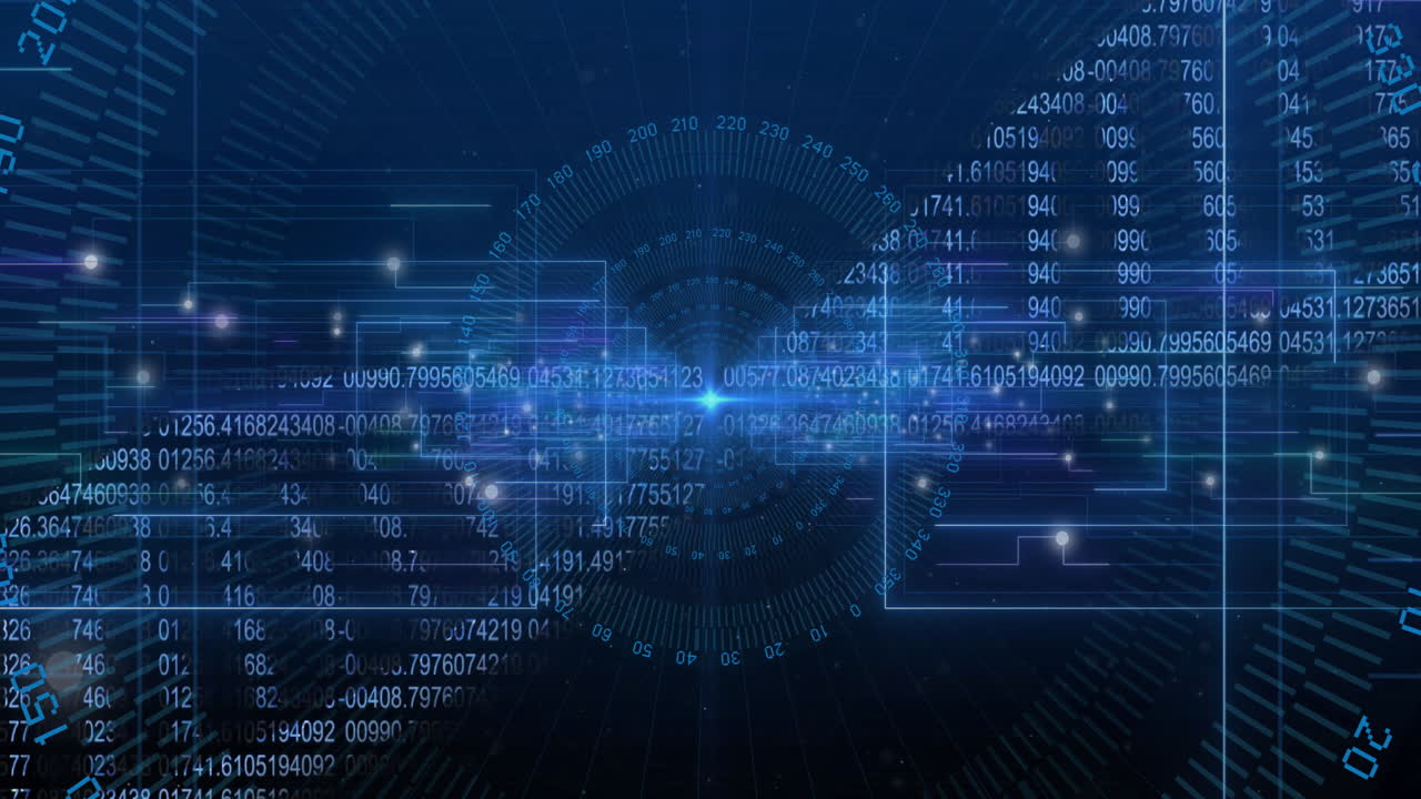 Animation of digital data and numbers forming network on blue futuristic background