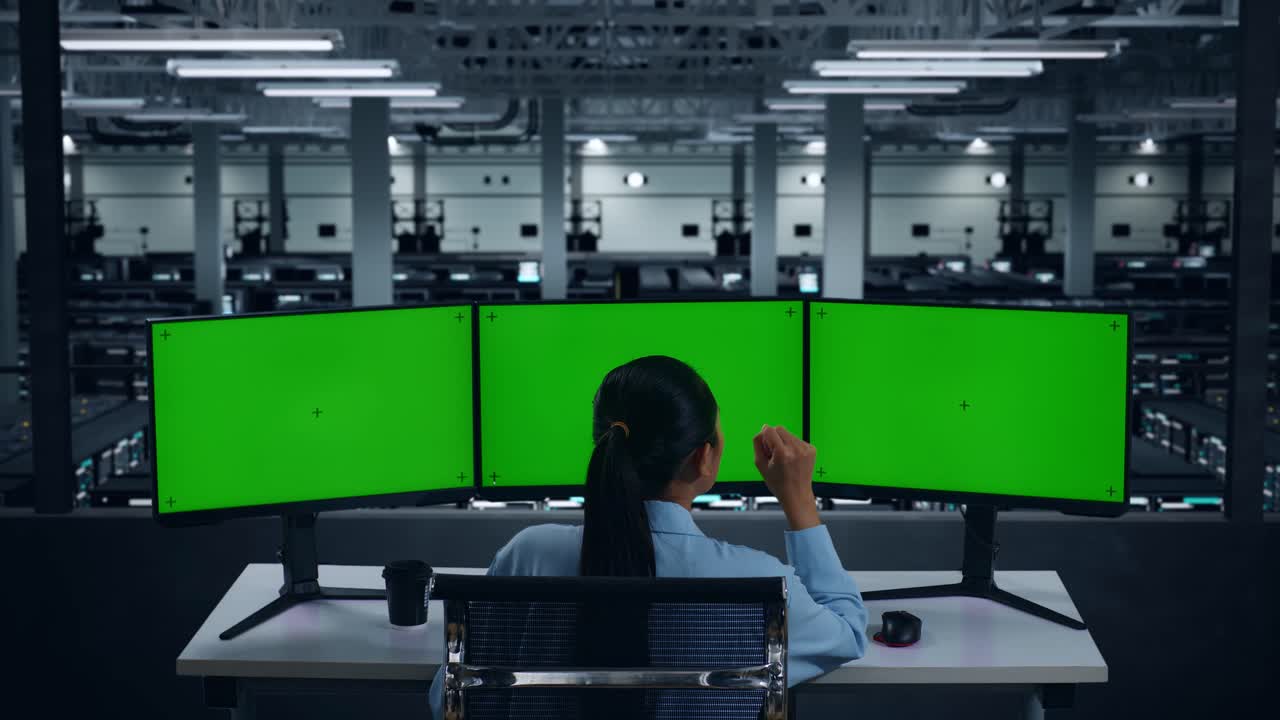 데이터 센터에서 모형 여러 컴퓨터 모니터와 함께 작업하는 동안 잠자리에 들기 전에 는 피곤한 아시아 여성의 뒷면