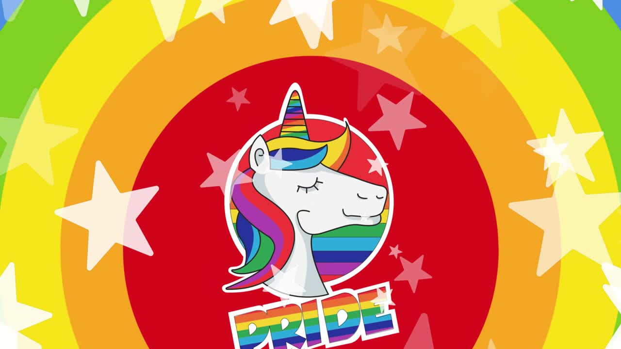 무지개 배경에 별과 자존심의 텍스트의 애니메이션