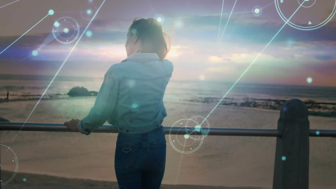 Mulher apoiada no corrimão leva smartphone ao ouvido para atender chamada recebida, em meio a nós tecnológicos flutuantes.