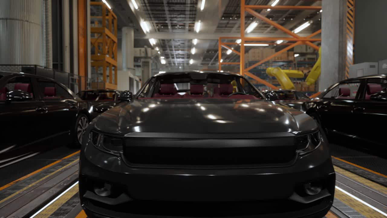 interior de la fábrica de automóviles. carrocería de color negro en una línea de ensamblaje de automóviles planta industrial, fábrica de automóbiles, instalación de fábrica de producción de automóviles