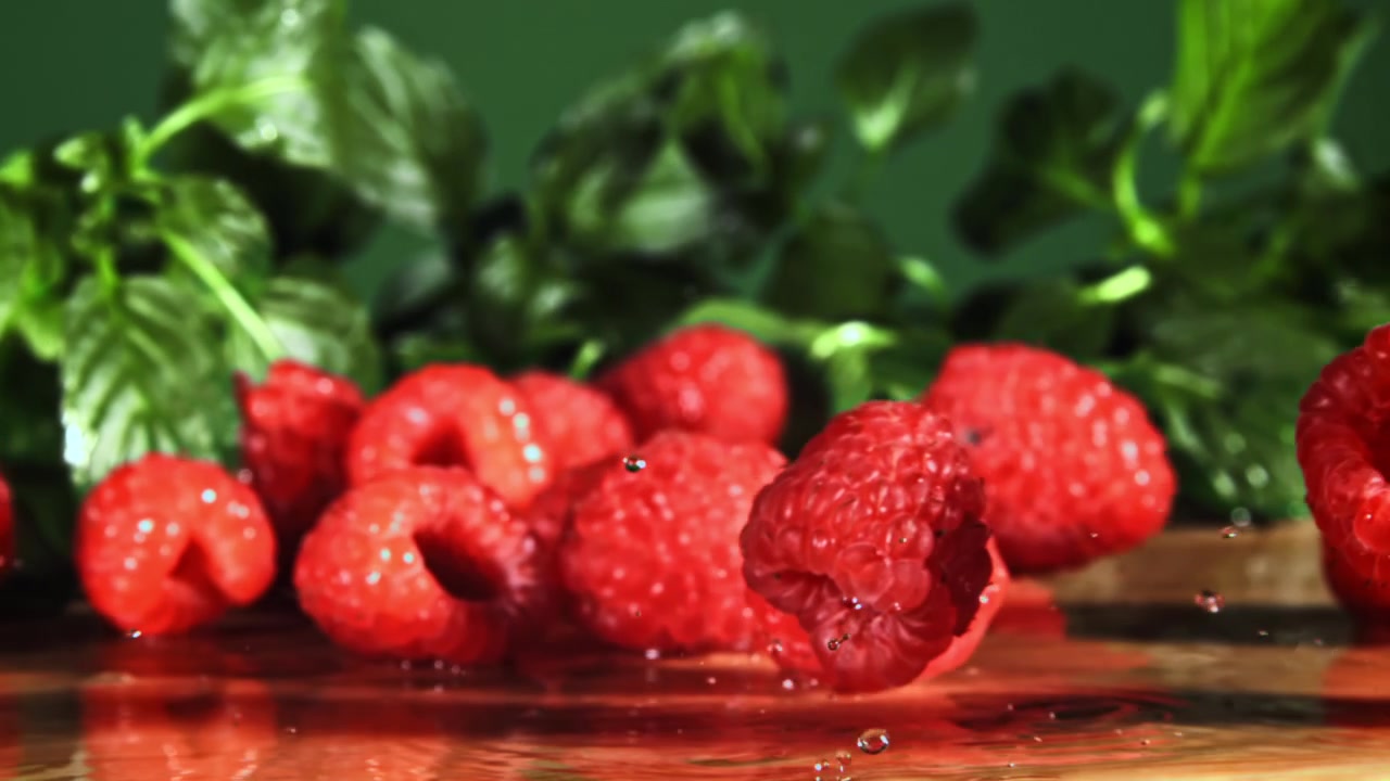 Fresh Raspberries Falling and Splashing onto a Wet Surface