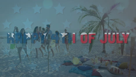 animation of happy 4th of july text and american flag over friends having fun on beach