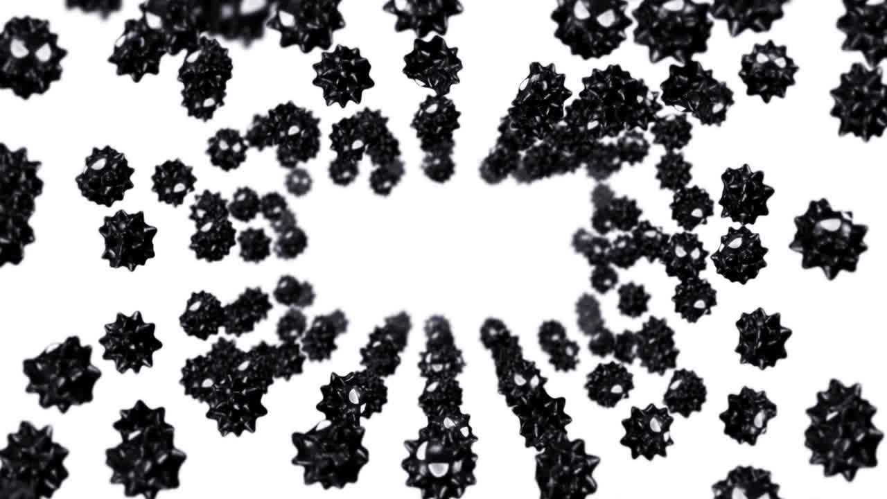 색 배경에 많은 바이러스를 날아다니는 만화 캐릭터. 의학 개념. 화를 내는 재미있는 검은 바이러스 마스코트. 3d 루프 애니메이션.