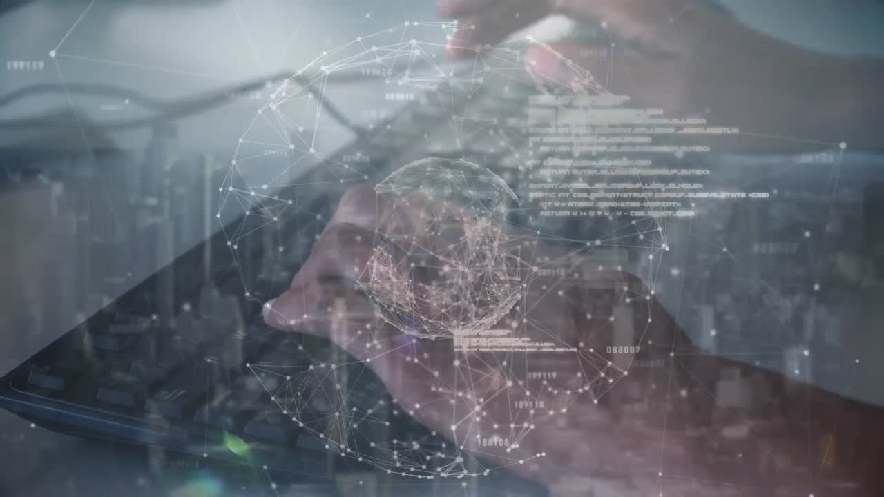 globo de red de conexiones sobre persona escribiendo en el teclado contra el paisaje urbano