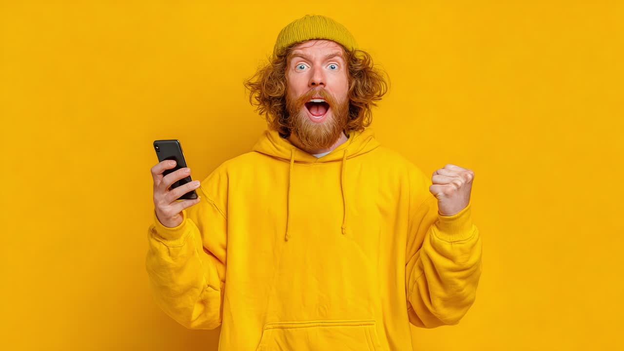 Persona felice in maglione giallo celebra un momento di gioia mentre tiene uno smartphone su uno sfondo giallo vivace, trasmettendo felicità ed entusiasmo