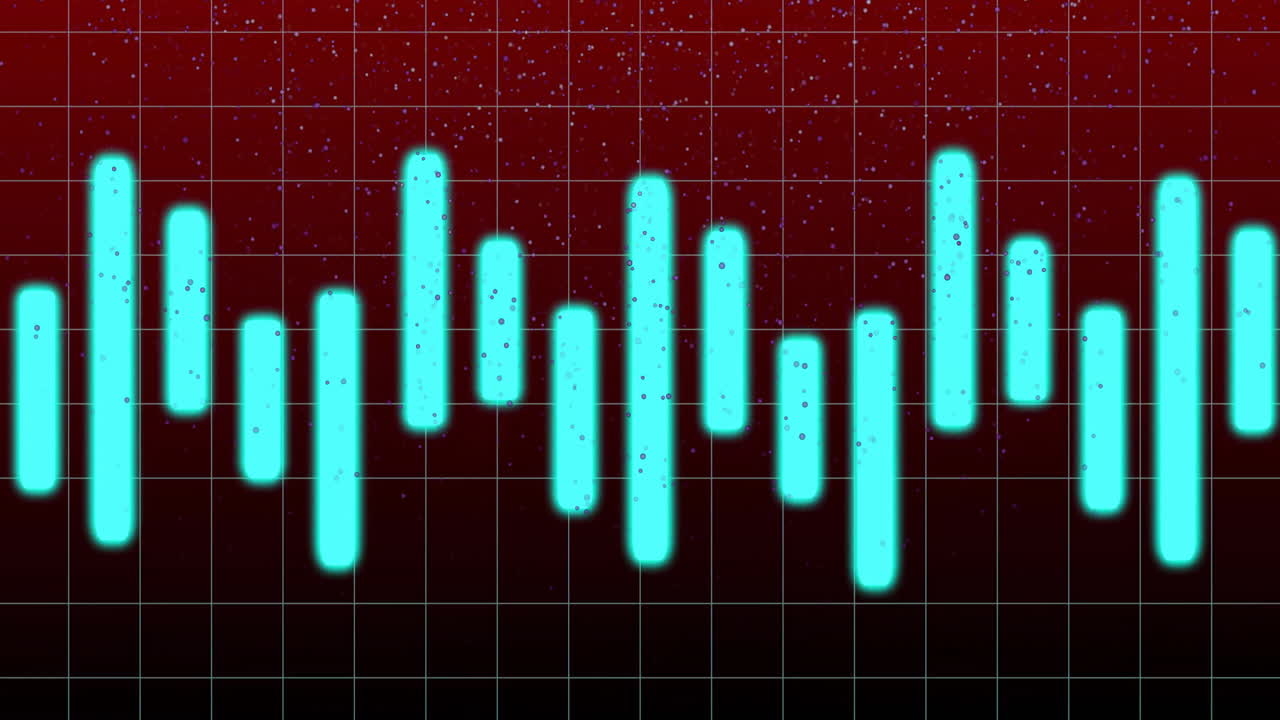 Vertical glowing cyan bars being animated into wave pattern over dark gradient, with grid overlay