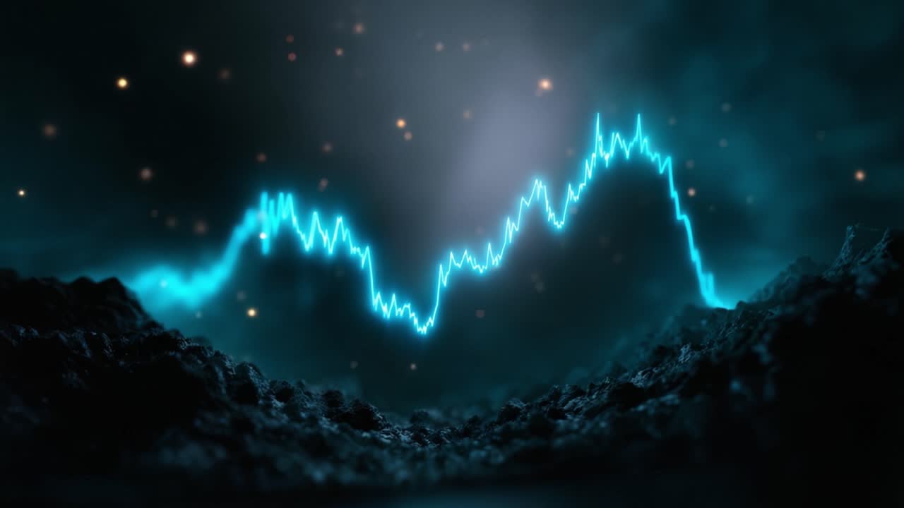 Un grafico a linee blu luminoso si innalza su un terreno roccioso scuro. Scintille di luce fluttuano intorno. La scena risulta energica e futuristica. Adatta per progetti di finanza, dati o tecnologia.