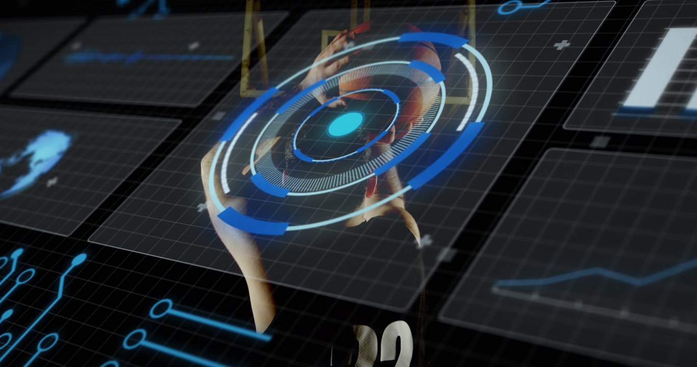 Male athlete standing on court with grid forming, HUD tracking basketball shot for sports training