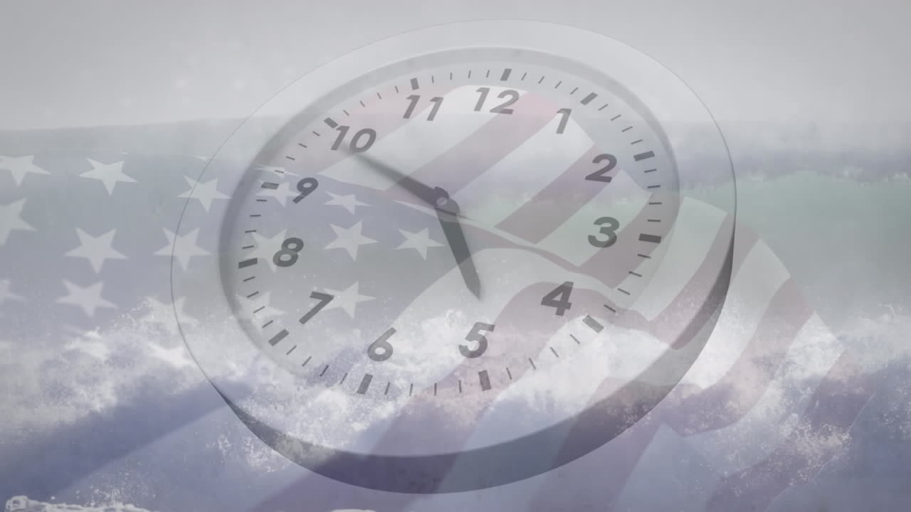 Animation of clock ticking over flag of usa
